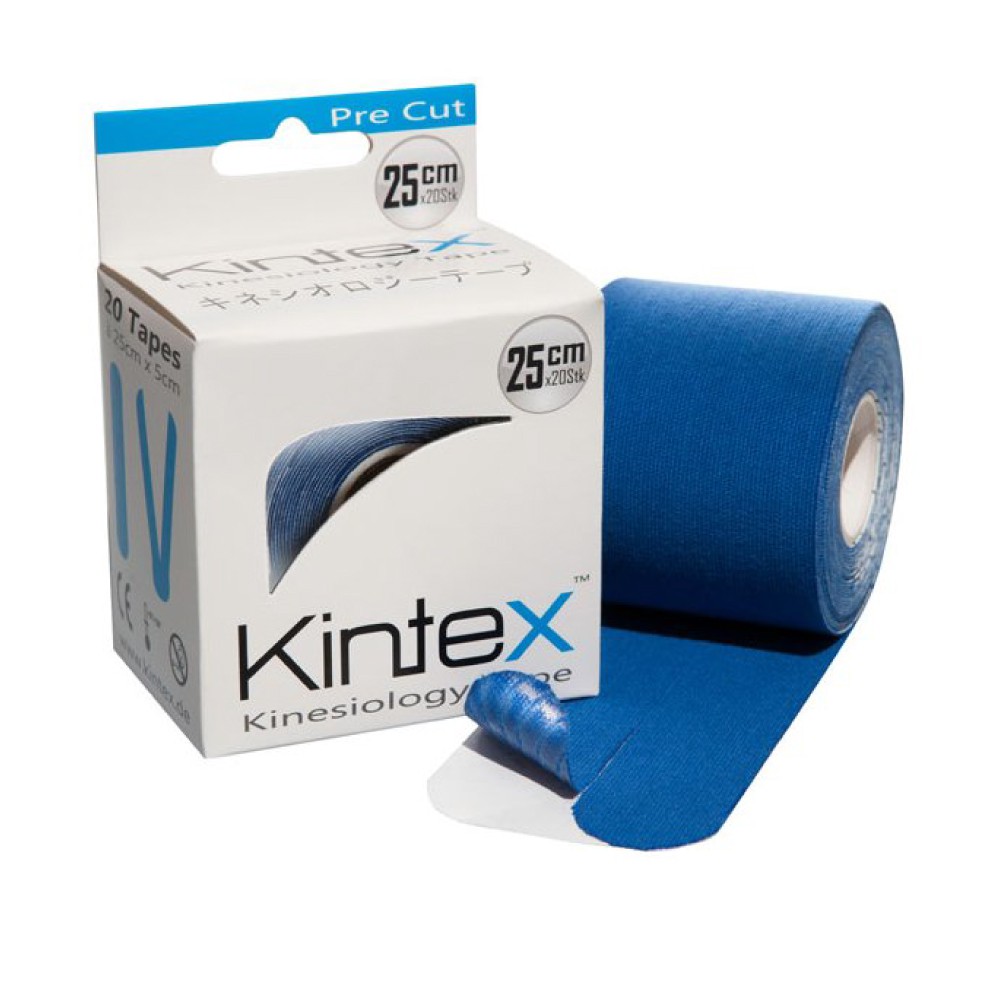 KINTEX Kinesiology PreCut Tape La confezione contiene un rotolo di 20 tape divisi in cerotti elastici lunghi 25 centimetri e larghi 5 centimetri.