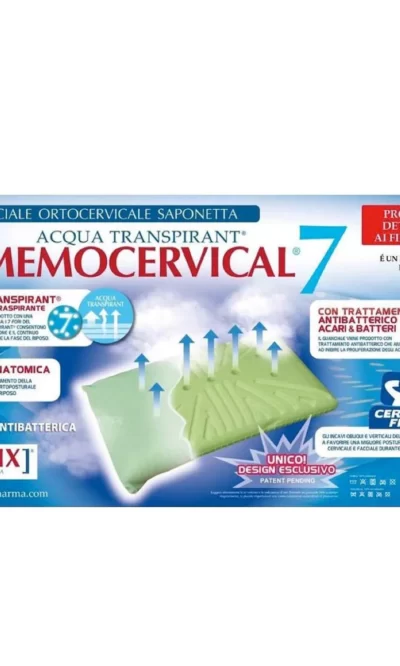 Guanciale Ortocervicale MEMOCERVICAL 7 Modello saponetta con trattamento antibatterico e antiacaro Colore verde con fodera bianca